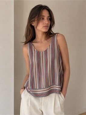 Max Studio Striped Scoop Neck Tank Top - Blue, Red, Cream